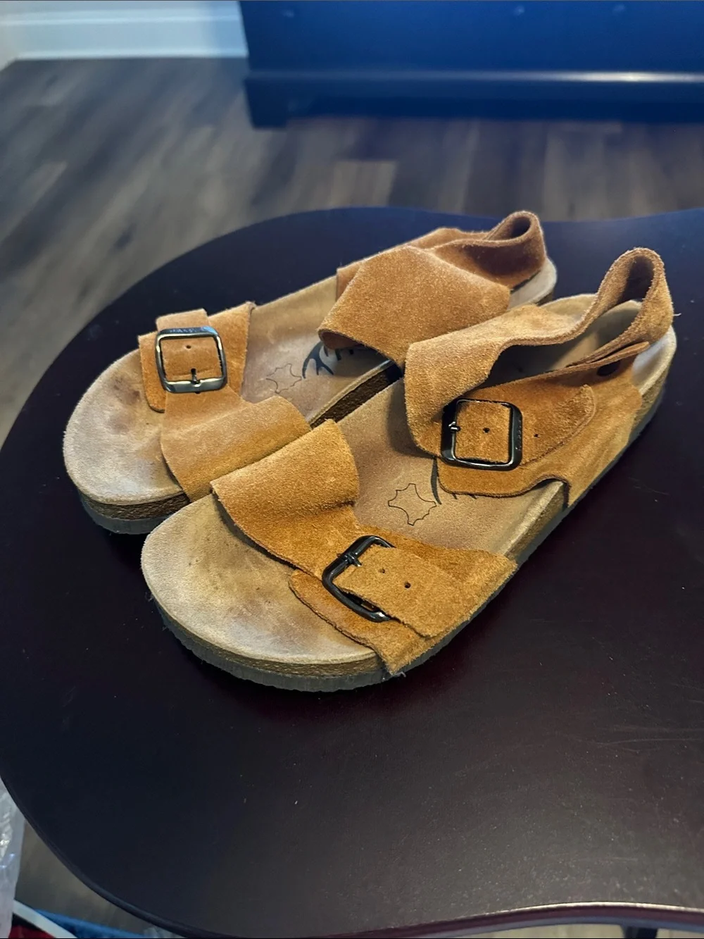 Women’s Two-Buckle Suede Sandals in Tan